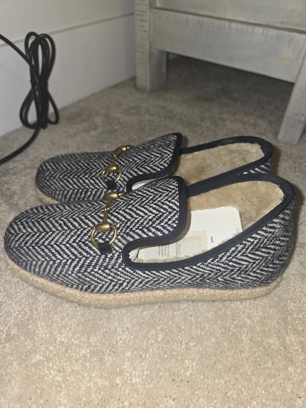 Gucci Navy & Cream Herringbone Leather-Trim Horsebit Loafers UK6